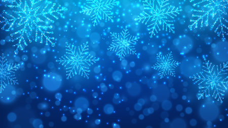 Blue background with glowing snowflakes. Christmas and New Year banner. Vector illustration EPS10のイラスト素材
