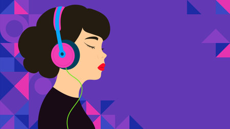 Young woman listening to music with headphones. Modern vector banner EPS10のイラスト素材