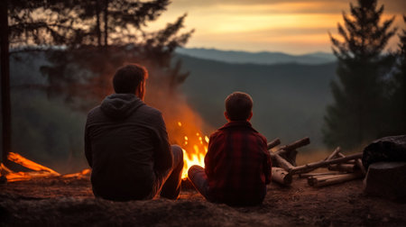 Father with son warm near campfire. Camping in the mountains. view from the backの素材