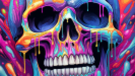 Pixel skull background. neon colors. Vector illustrationのイラスト素材