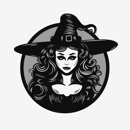 witch portrait. Vintage Halloween label. Vector illustrationのイラスト素材
