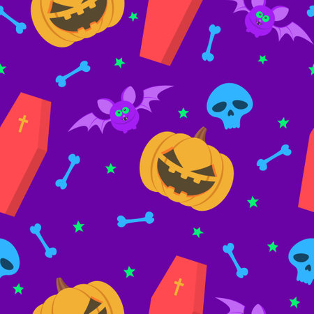 Halloween seamless pattern with pumpkins and skulls. Vector backgroundのイラスト素材