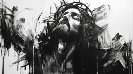 Jesus Christ. Crown of Thorns. Black and white portrait. High contrast. Religionの素材