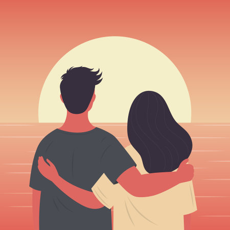 Couple Watching Sunset. Design for Valentines Day. Vector Illustration EPS10のイラスト素材