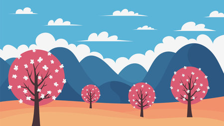 Spring landscape with mountains and trees. Vector illustration. Seasonal background EPS10のイラスト素材