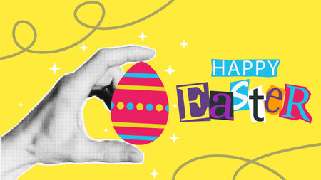 Vibrant holiday illustration featuring a halftone hand holding a colorful Easter egg against a...