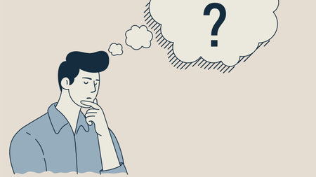 Man is thinking about something. Question mark in speech bubble. Vector illustration in cartoon...