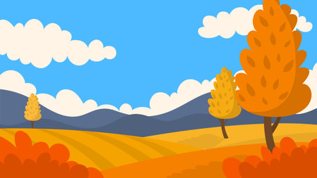 Autumn Landscape Illustration with Trees and Mountains. Autumn Seasonのイラスト素材