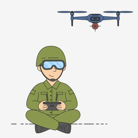 Vector illustration of a soldier in military uniform operating an FPV drone with a remote controllerのイラスト素材