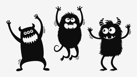 Set of three adorable cartoon monsters dancing with raised arms in a fun, playful style. Black silhouette vector illustrationのイラスト素材