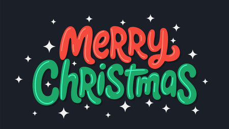 Merry Christmas lettering in red and green with a playful effect, surrounded by glowing white stars on a dark backgroundのイラスト素材