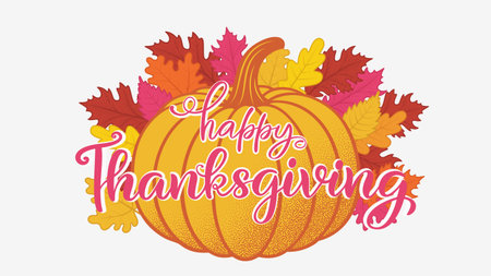 Happy Thanksgiving Lettering with Autumn Leaves and Pumpkin. Vector Festive Backgroundのイラスト素材