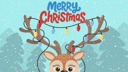 Festive Christmas illustration with a cute cartoon reindeer decorated with colorful string lights on its antlersのイラスト素材