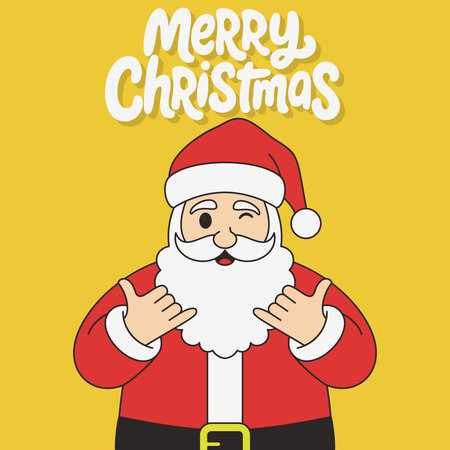 flat cartoon illustration of Santa Claus winking and making a fun hand gesture, with bold Merry Christmas lettering above himのイラスト素材