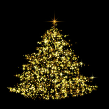 Golden Sparkling Christmas Tree. Gold glitter light affect. Christmas tree formed by sparkling particles and starsのイラスト素材