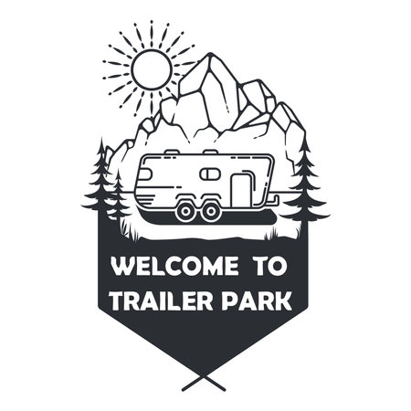 Welcome to the mountains. Camping trailer. Vector isolated illustration.のイラスト素材