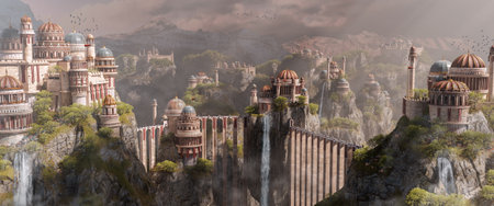 Medieval city on the mountain connected by bridges. Sci-fi fantasy cityscape with parks and waterfalls. 3d render.の写真素材