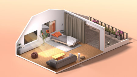 Living room 3d isometric interior design. 3d renderの写真素材
