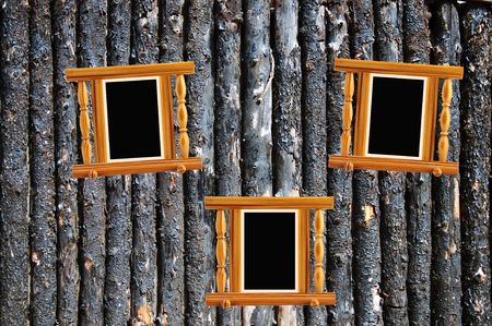 the very unusual light burned bark pine log palisade and three pine photoframes