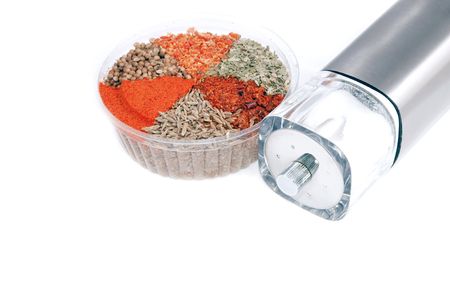 nice differnet spicery set  and saltcellar over white の写真素材