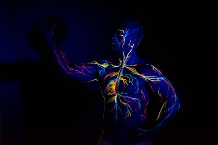 UV patterns body art of the circulatory system on a man's body. On the chest of a muscular athlete, veins and arteries are drawn with fluorescent dyes. The bodybuilder straightened the biceps.の写真素材