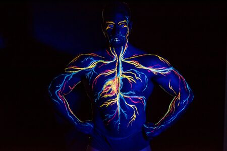 UV picture of the circulatory system body art on the body of an adult male. On the chest of a muscular athlete, veins and arteries are drawn with fluorescent dyes. Neon lightの写真素材
