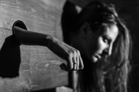 A redhead woman is imprisoned in a wooden pillory during sex games. BDSM Erotic fantasies.Subordination. Toys for adults. colorless.の写真素材