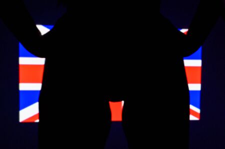 The projection of the flag of the United kingdon on a beautiful large female ass. The projector shines with a flag of the England on a female body. Britishの写真素材