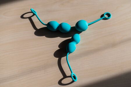 Set of blue vaginal latex balls. Fitness equipment for womens health. Sexual toys for intimate...