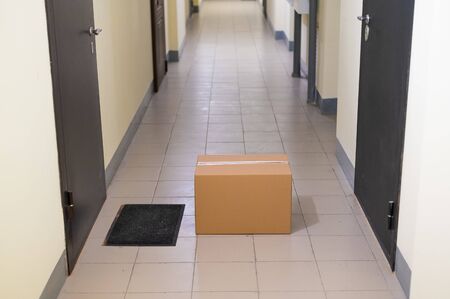 Contactless door delivery concept. Cardboard box with online purchase at the front door in the empty...