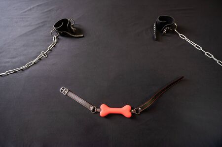 A bone-shaped gag and leather handcuffs with chains on a gray sheet. BDSM concept. Role-playing...