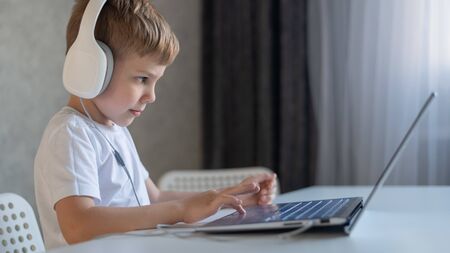 Cute diligent boy is typing on the keyboard and is carefully looking at the laptop screen. Caucasian...