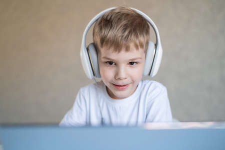 Cute little boy is watching cartoons or a movie on a laptop. Caucasian child sits at a table at home...