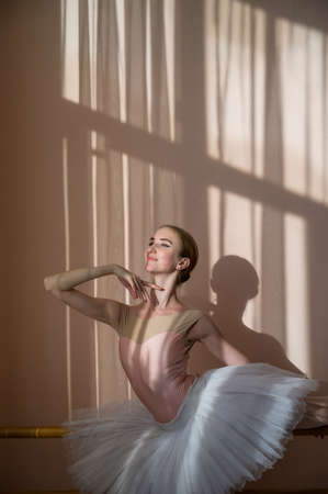 Beautiful graceful ballerina is practicing in the hall against the background of a window. Slender woman in tutu and pointe shoes in a dance class.の写真素材