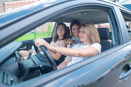 Three friends are traveling in a car with a dogの写真素材