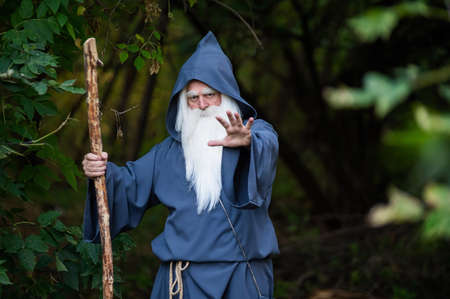 A wizard with a long gray beard casts a spell in a dense forestの写真素材