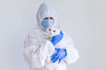 A woman in a protective suit with gloves and a mask is holding a white cat. Doctor tests pets for...