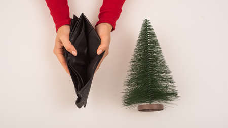 A woman is holding an empty purse next to a small artificial Christmas tree. The financial crisis...