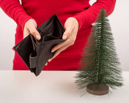 A woman is holding an empty purse next to a small artificial Christmas tree. The financial crisis...