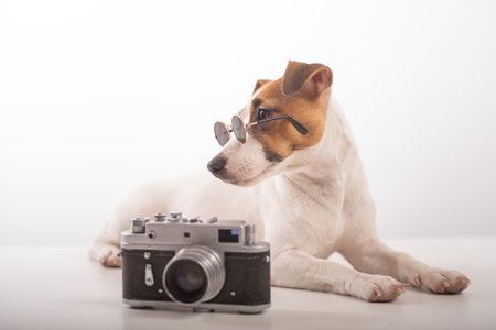 Portrait of Jack Russell Terrier dog wearing in sunglasses with a classic photo camera on a white backgroundの写真素材