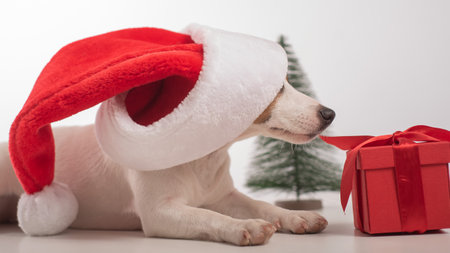 Dog in the studio on a white background before christmas. Santas little helperの写真素材