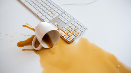 Spilled black coffee on a computer keyboard at a white table