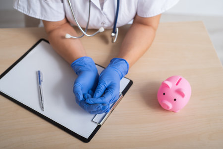 Female hands in gloves with clipboard and piggy bank on the tableの写真素材