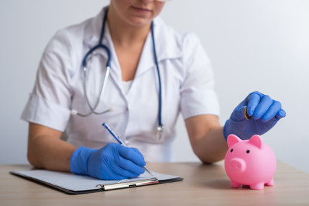 A faceless female doctor puts a coin in a piggy bankの写真素材