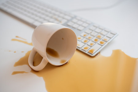 Spilled black coffee on a computer keyboard at a white tableの写真素材