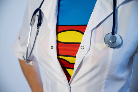 12.07.2020 Russia, Novosibirsk: Female doctor wearing a medical mask unbuttons his coat and exposes a superman suit.のeditorial素材