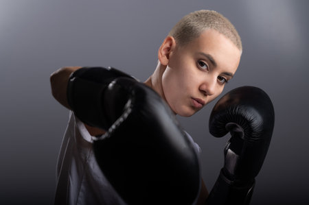 Young woman with short hair in boxing gloves on a white background