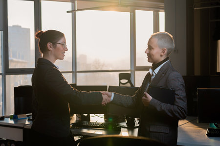 Two young business women shake hands at work. The office staff made a dealの写真素材