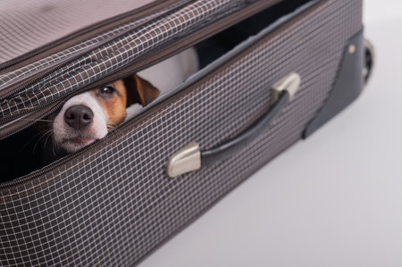 The dog is hiding in a suitcase on a white background. Jack Russell Terrier peeks out of his luggage bagの写真素材