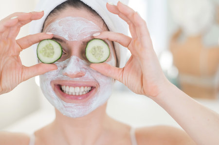 Cheerful woman with a towel on her hair and in a clay face mask and cucumbers on her eyes. Taking care of beauty at homeの写真素材